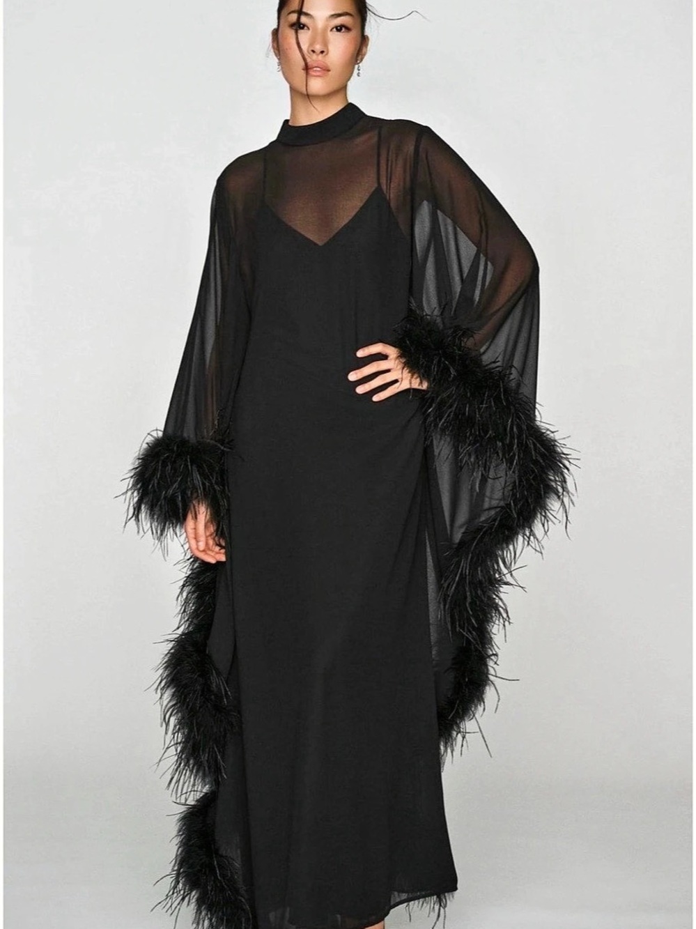 Hutch Feathered Kaftan Black Feather Trim Maxi Dress NWT